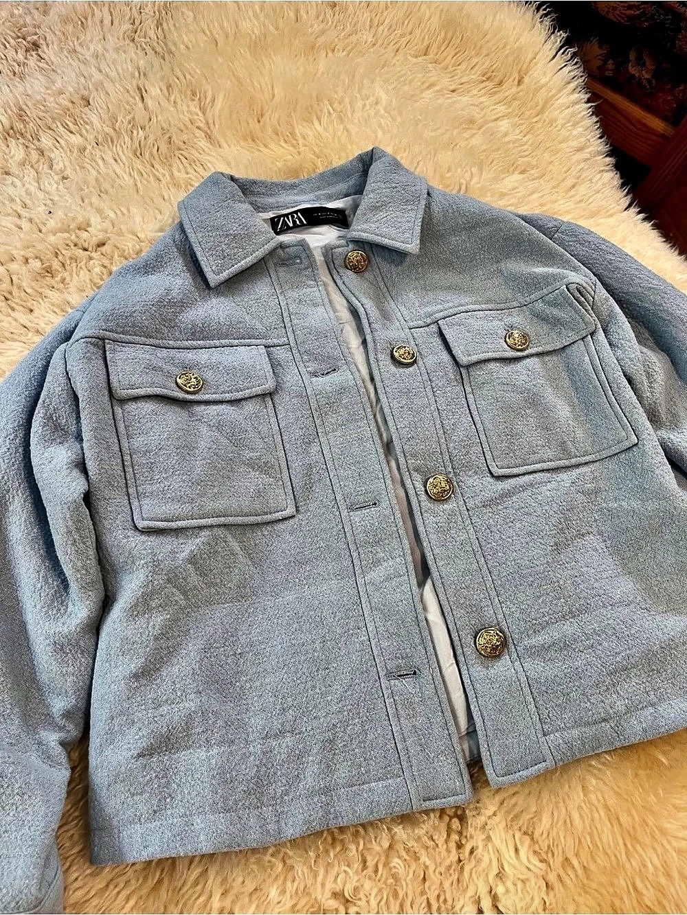 Zara Blazer Womens Sky Blue Jacket Lined Gold Buttons Pockets Size Medium